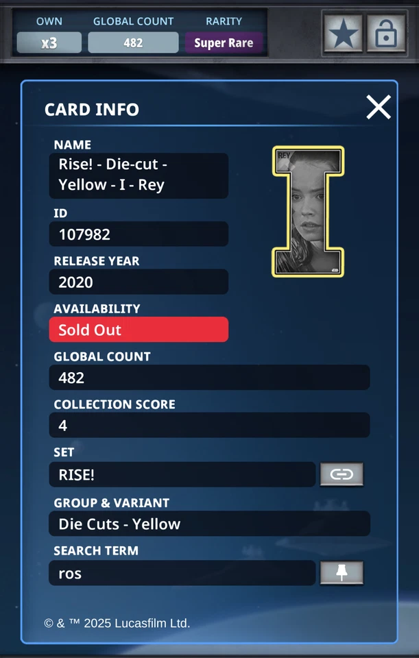 Topps Star Wars Card Trader 2020 RISE Die-Cut Yellow Rey SR 482cc - Image 2 of 2