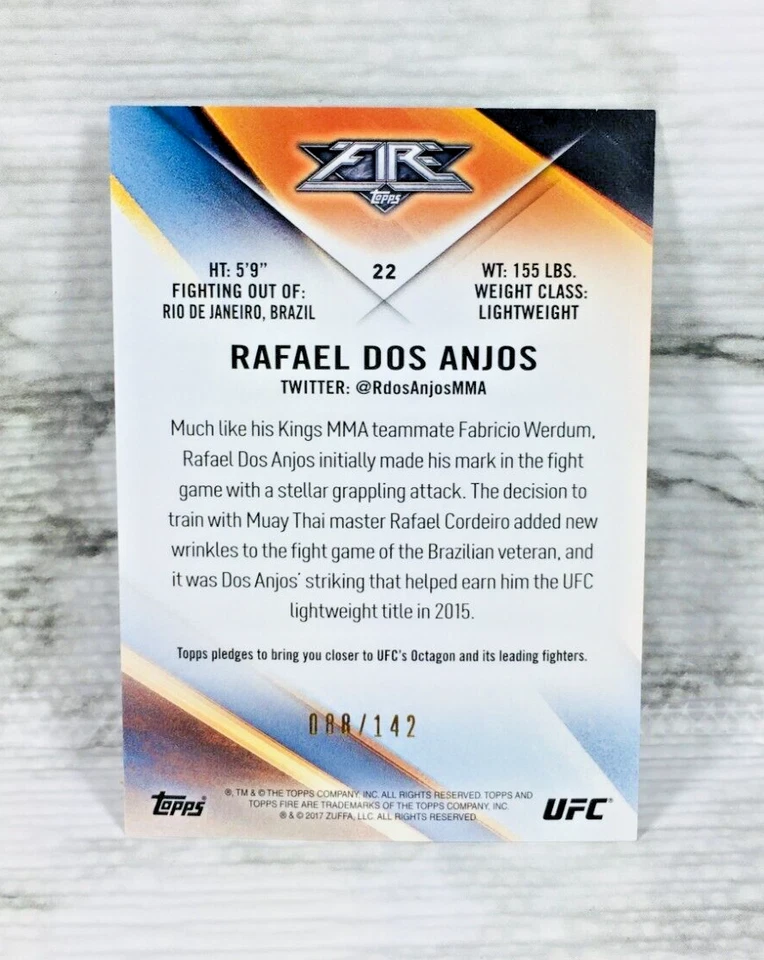 2017 TOPPS UFC FIRE #22 RAFAEL DOS ANJOS RED HOT PARALLEL FOIL SSP (#088/142) - Image 2 of 2