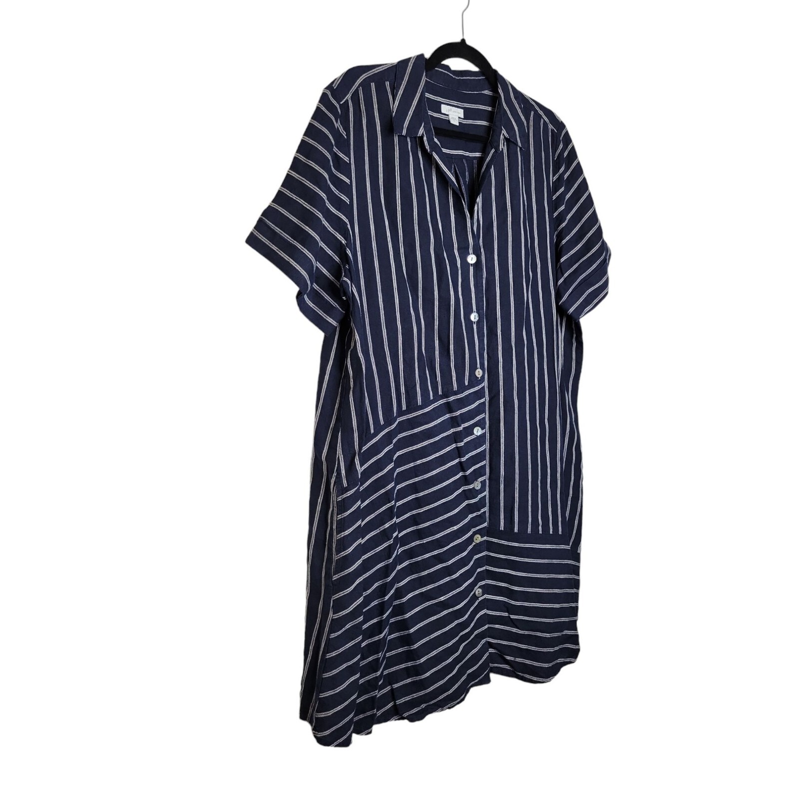 J Jill Linen Shirt Dress Womens XL Navy Blue Stripe Button Up Pockets
