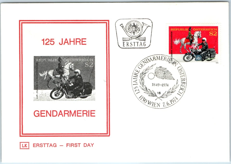 1974 Austria Osterreich Motorcycle Stamp #993 125 Jahre Gendarmerie FDC Cover 7N - Image 2 of 3