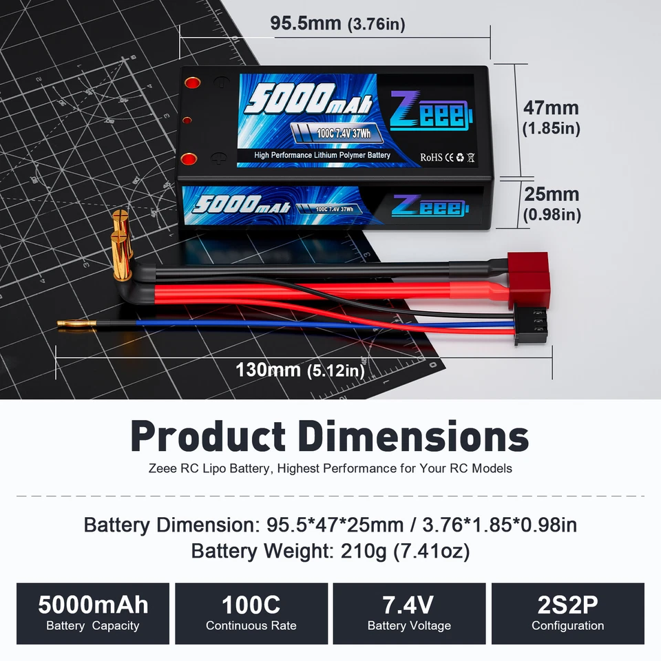 Zeee 2S LiPo Akku 7,4V 5000mAh 4,0 mm Kugel to T Kurzer 100C für RC Auto Buggy - Bild 3 von 4