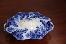 Antique 1890s Flow Blue China Grindley ARGYLE Covered Vegetable Dish USA Made