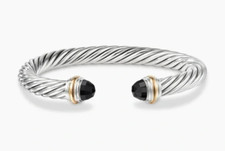 David 925 Silver & 14k Gold 7mm Cable Classic Black Onyx Cuff Bracelet