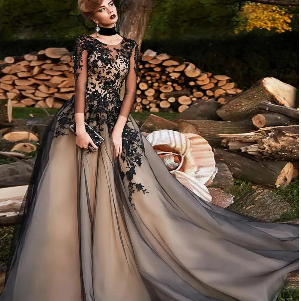 Gothic A Line Wedding Dresses with Long Sleeve Bead Punk Appliques Wedding  Gowns
