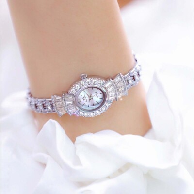 Diamond Luxury Women Watch Retro Oval Silver Tone Women's Quartz Wrist Watch