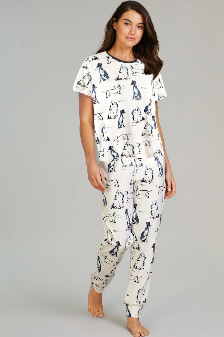 B By Ted Baker Ladies Luxury Cream Blue Dog Print Cotton Pyjamas