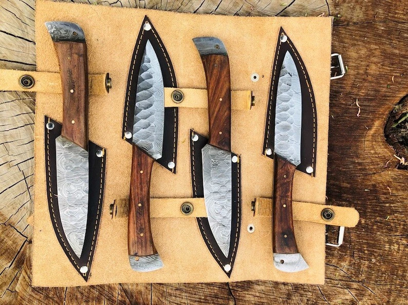 Custom Handmade Damascus Steel Blade 4P Set Kitchen Set BBQ Knife Chef’s Knife