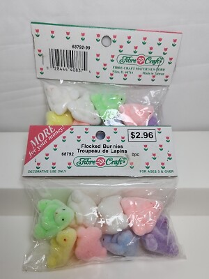 Vtg FIBRE CRAFT 16 Pc Flocked Easter Bunnies Pastel Colors NOS 1.25'' H Taiwan 