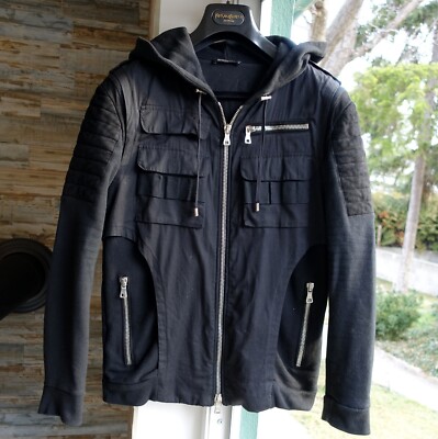 BALMAIN JACKET L black biker cotton velours leather utility