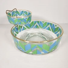 Jeannette Glass MCM Chip and Dip Bowl Set Gold Rim Blue Green Arrow Chevron Mod