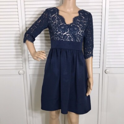 Eliza J Cris Cross Lace Top Fit Flare Navy Blue Party Dress Size Petite 