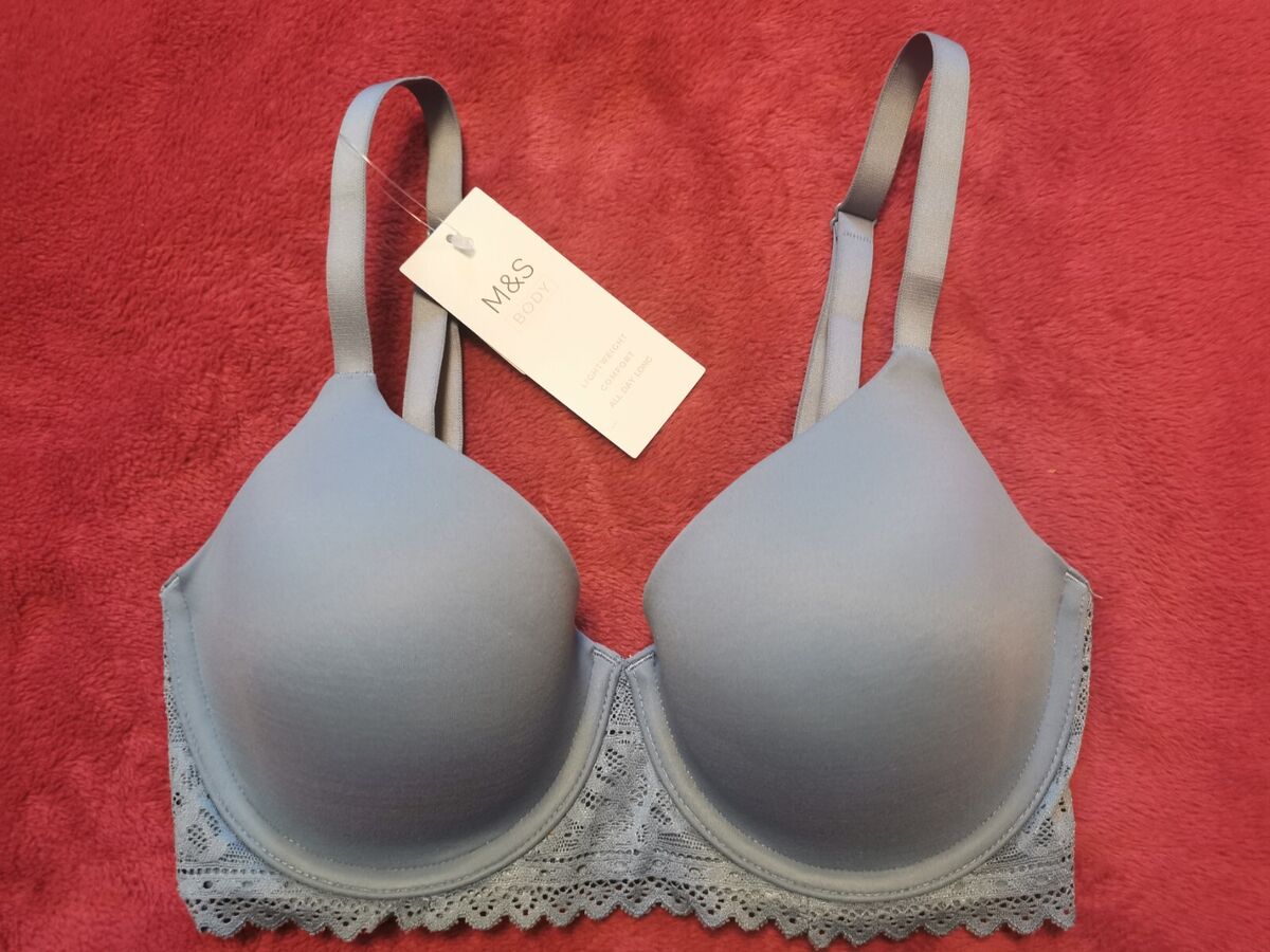 M&S GREY BLUE Sumptuously Soft Underwired Padded T-Shirt FULL CUP Bra 32 D