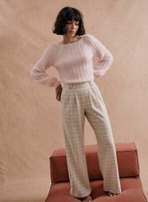 Sezane High-Waisted Loulou Wide Leg Trousers pastel check wool Women's Size 12