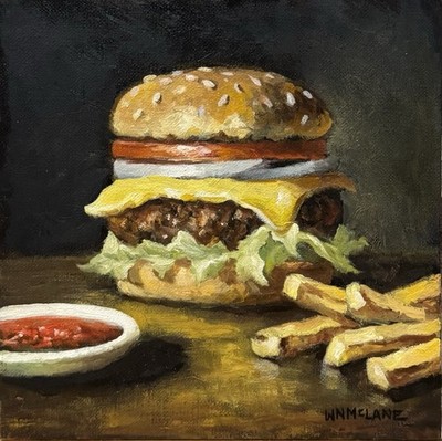 Original New Impressionist Still Life Cheeseburger Onion  Fries Oil Painting