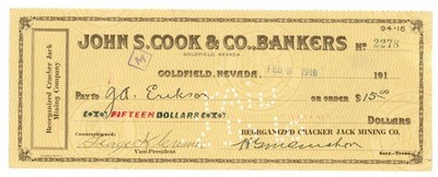 John S. Cook & Co. Bankers Goldfield Nevada 1918 Check Cracker Jack Mine