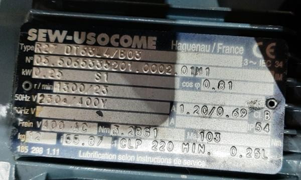 Moteur SEW EURODRIVE R27 0.25kW pour remplacer un bloc défaillant