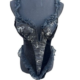 Vtg 80s Fredericks Black Velvet Bows Babydoll High Cut Lingerie Bodysuit LARGE
