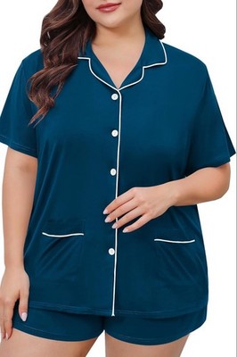 SWOMOG Pajama Set  22W Plus Size Teal Green Button Front Shorts Loungewear NWT