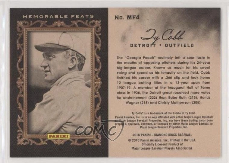 2016 Panini Diamond Kings Memorable Feats Ty Cobb #MF4 HOF - Image 2 of 2
