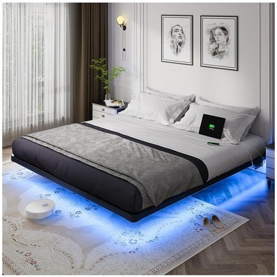 Innovative King Size Floating Bed Frame with LED Lights & No Box Spring Needed