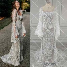 Boho Mermaid Wedding Dresses flared Long Sleeves Lace Beach backless Bridal Gown