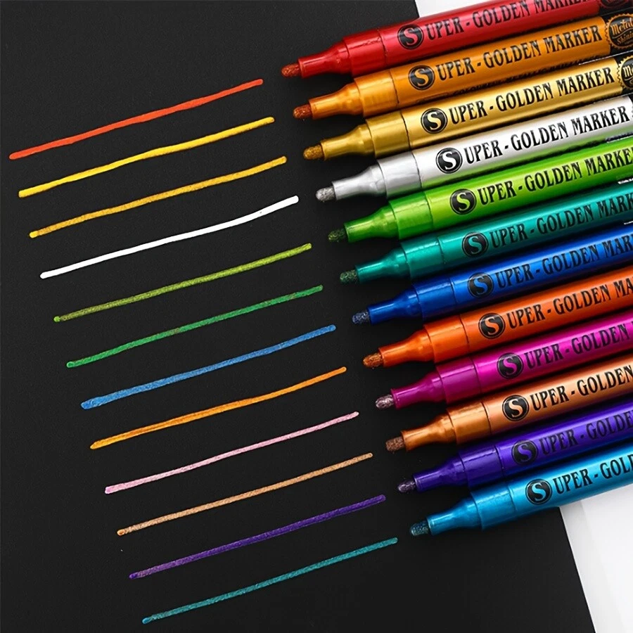 12 Colors Sparkle Metallic Glitter Markers, Acrylic Paint Pens for Fabric, Cards - Image 3 of 4