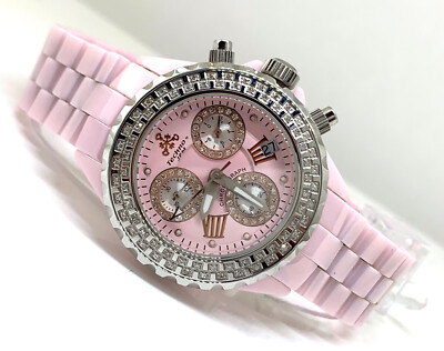 New techno jpm Ladies Pink Ceramic CSX Chronograph Diamond Quartz Watch