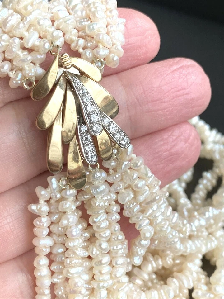 14K Yellow White Gold 0.6ctw Diamond Clasp Choker Necklace 11 Strand Keshi Pearl - Image 3 of 4