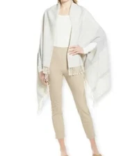 Nordstrom RUANA WRAP NWT $159.00 CASHMERE WOOL BLEND Stripe Fringe GRAY COMBO