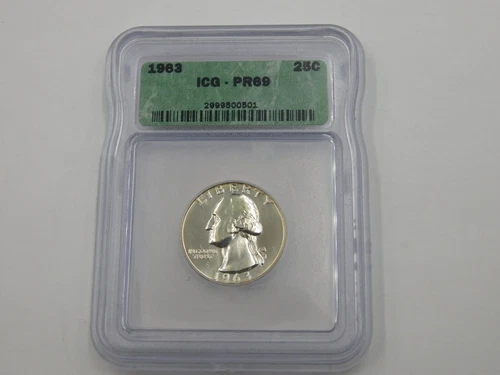 1963 PF69 90% Silver PROOF Washington Quarter 25c ICG Slab Top Pop