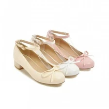Women's Bowtie Mary Jane Round Toe Ankle Strap Chunky Heel Pumps Shoes Casual