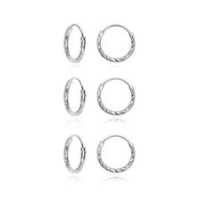 3 Pr Set 925 Silver Diamond-Cut Tiny Small Endless 10mm Thin Round Hoop Earrings