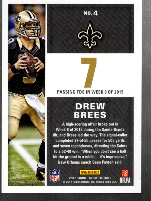 B2681- 2017 Score Standout Numbers #4 Drew Brees - NM-MT - Image 2 of 2