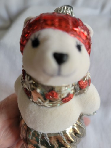 Balsom Hill Ice Skating Polar Bear Hanging Ornament 5" by 4.5" glass glittery - Picture 10 of 10