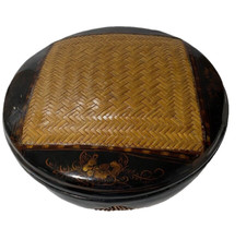 Chinese Black Laquered Bamboo Basket or Box with Lid