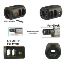 Top Flat 1/2x28 TPI Muzzle Brake Compensator Anodized Black For 9mm Glock