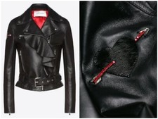 Valentino Black Ruffle-detail Leather Biker Jacket W/love Story Heart On Sleeve