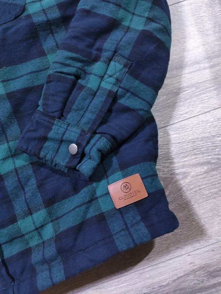 Cloudveil Hombres Camisa Grande Chaqueta Acolchada Franela Verde Cuadros Manga Larga Foto 2 de 4