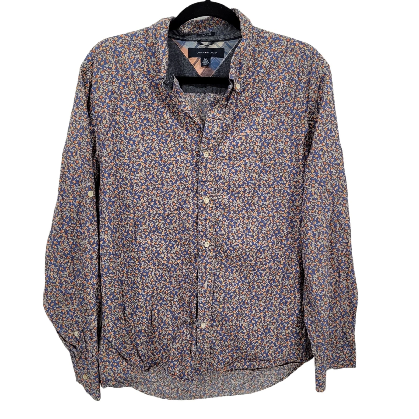 Tommy Hilfiger Mens large blue orange floral button shirt slim fit cotton