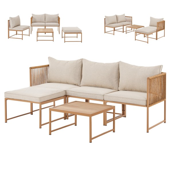 Polyrattan Gartenlounge Modular Ecksofa Tisch Inkl. Kissen Beige Svita Detroit-image