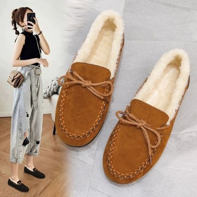 Damen Mokassin Hausschuhe Halbschuhe Wildlederimitat warm Fleece gefüttert Outdoor Winter