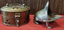Two Vintage Brass  Pieces ~ Frog Ashtray & Trinket Box ~ Made in India