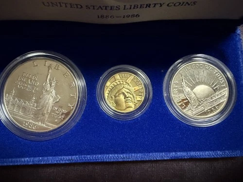 1986 US Mint Liberty Commemorative 3-Coin Silver 1/2 & $1 and Gold $5 Proof Set