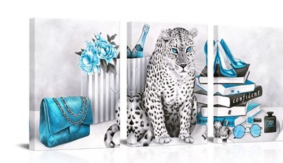 Visual Art Decor Turquoise and Grey Wall Art Leopard Decor Painting Canvas...