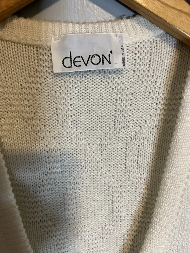 Colete Suéter Vintage Estampado Marfim Botão M Vovó Professora Academia Decote V EUA - Imagem 4 de 4