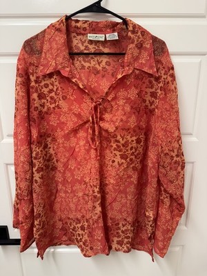White Stag 18W/20W Orange crinkle blouse tunic pullover tassel tie semi sheer A2