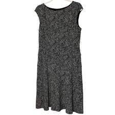 Chaps black and beige polka dot stretch fit and flare midi dress size L