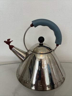 ALESSI Michael Graves Stainless Whistling Bird TEA KETTLE Blue Handle INOX 18/10