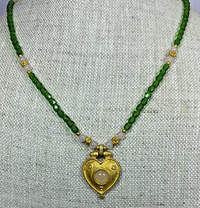 Authentic Allison Reed Bohemian Heart Green Bead Necklace Gold Plated 17.5" Vintage NOS