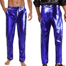 Mens Trousers Jazz Costumes Leg Side Long Pants Cosplay Shiny Pockets Metallic